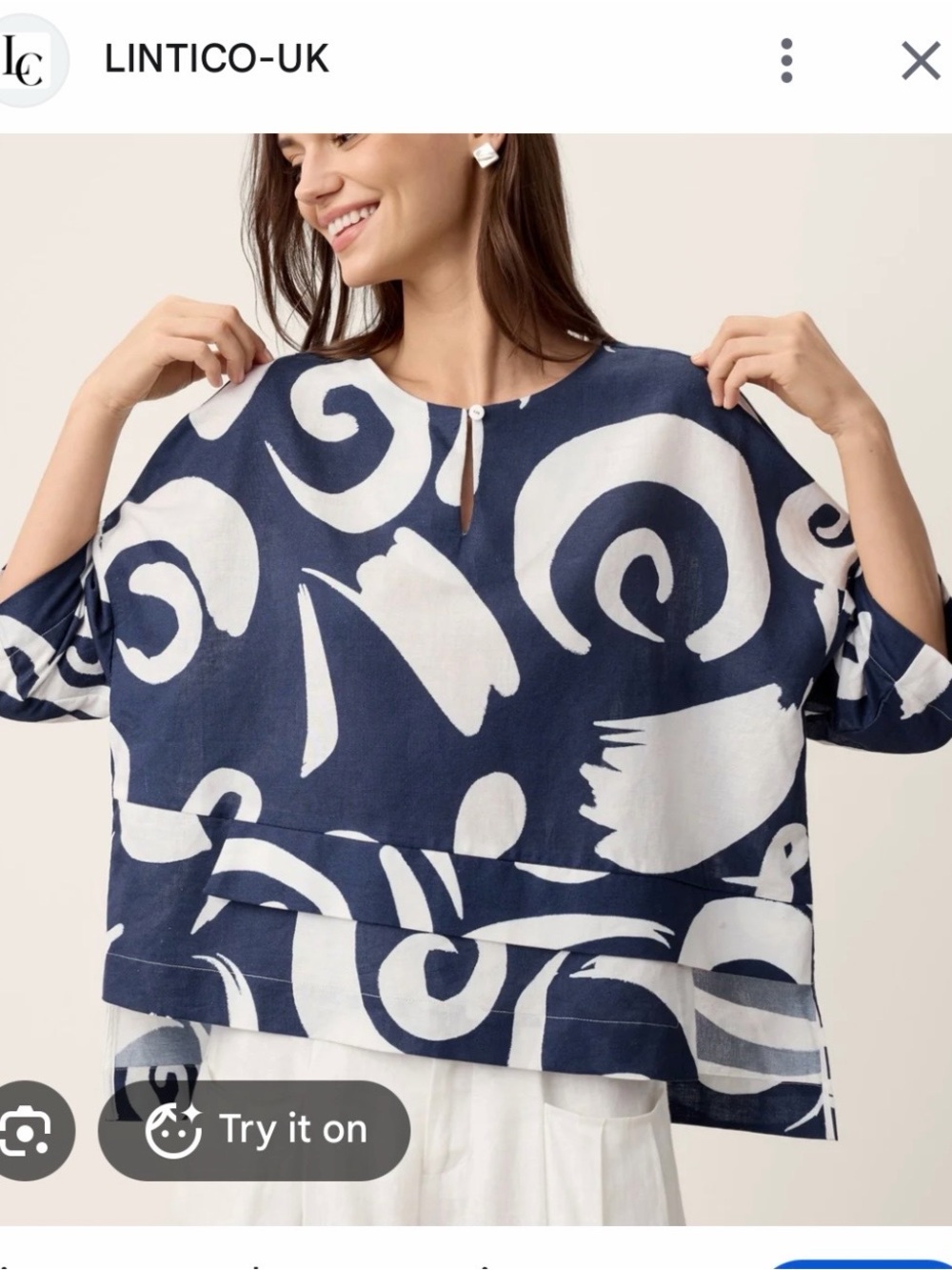 Linen Layered Asymmetrical Navy & White M Abstract Short Sleeve Pullover Tunic